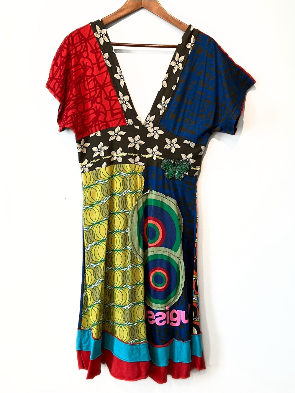 Desigual V‑Neck Midi Dress in Red, Blue, Yellow, Green - Picture 2 of 5